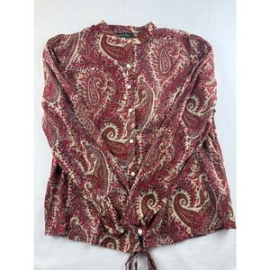 Lauren Jeans Co. Paisley Button Up Tie‎ Front Top Blouse Red Bohemian Large